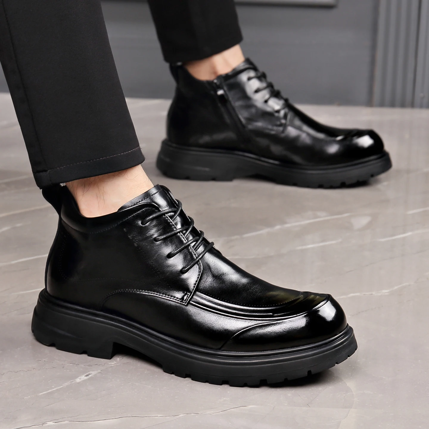 

High-top Shoes Men's Thick-soled Heightened British Style Business and Leisure Heightened Fleece Warm Black Leather