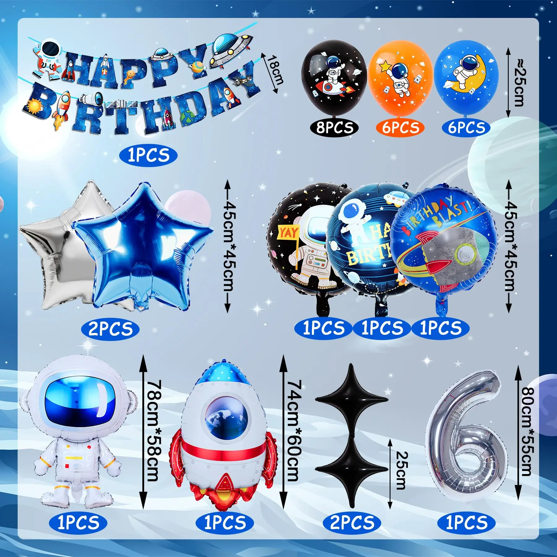 Space Birthday Party Decorations Set, 30 Pieces with Astronaut Balloons, Rocket Ship, Banner, Star Foil Balloons (6 year old)
