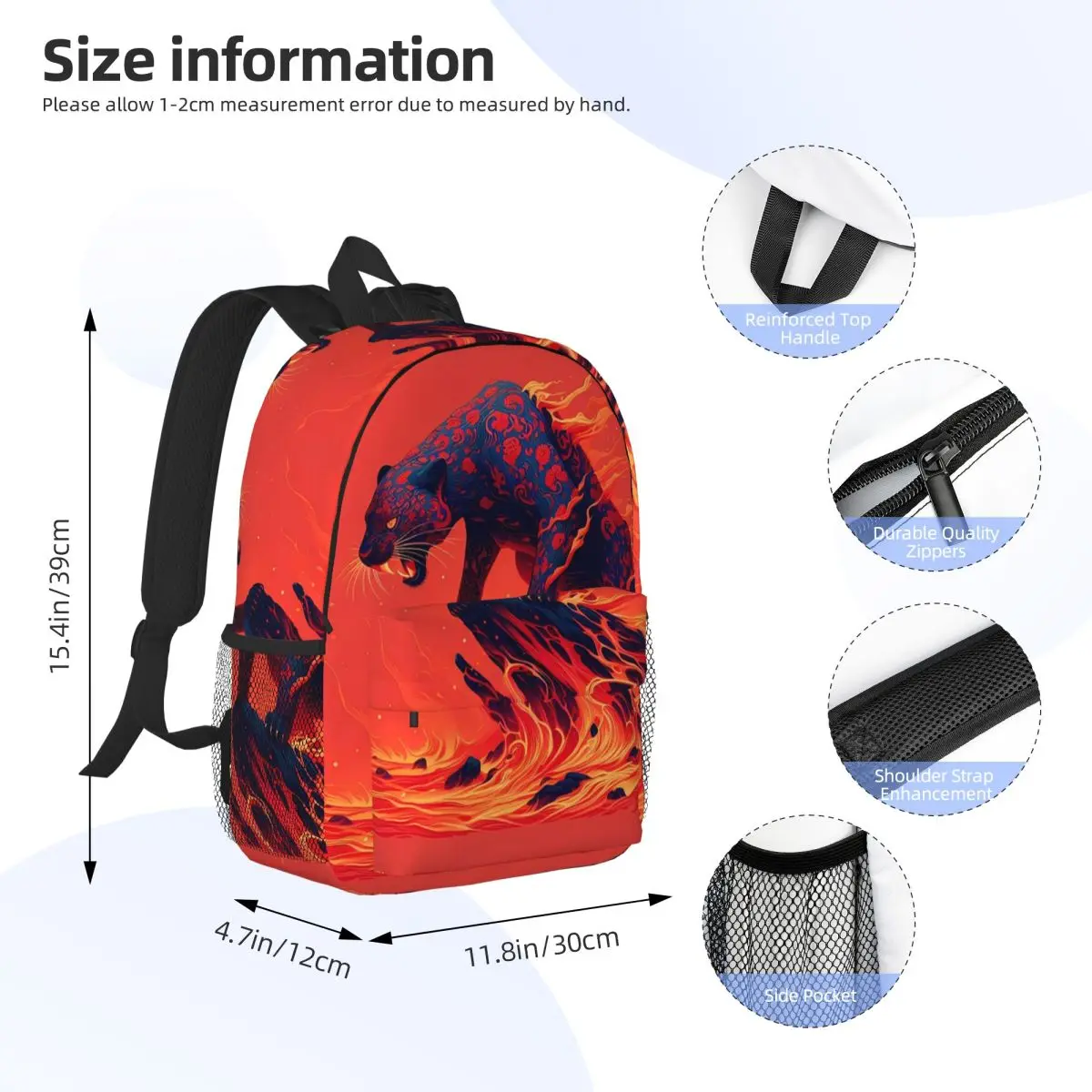 Black Panther Leopard Walking From Flame Backpack Daypack Large Capacity Boys Girls BookBag Shoulder Bags for Unisex School Bag