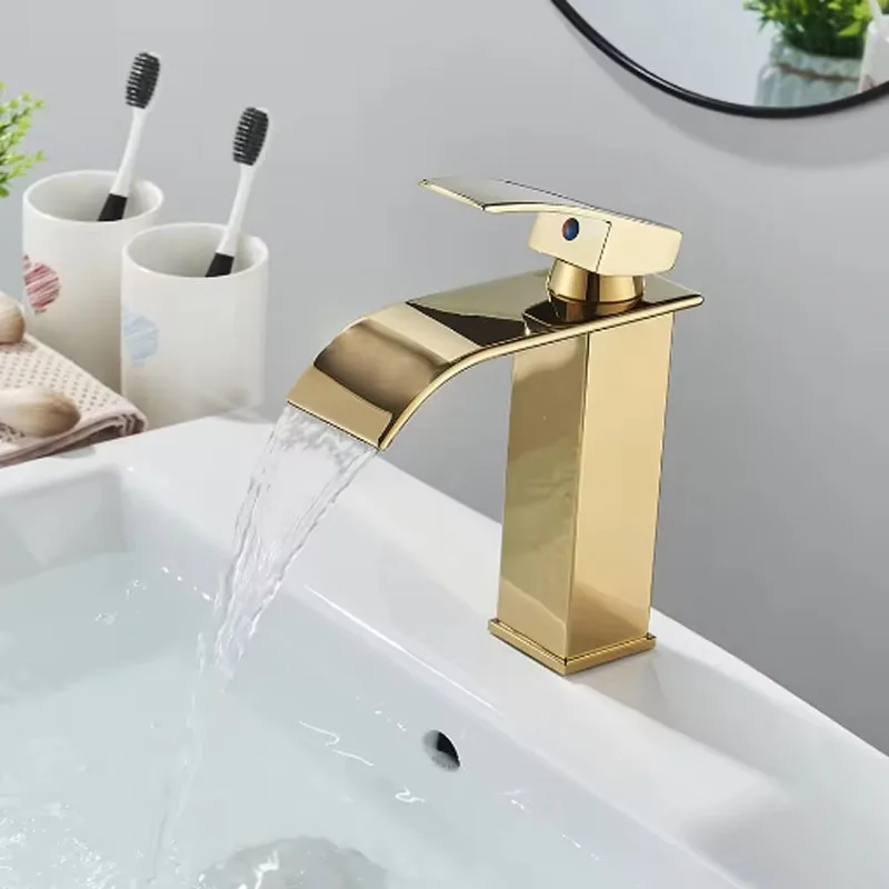 Brushed Golden Basin Faucets Elegant Waterfall Bathroom Sink Faucet Single Lever Hole Deck Mount Mixer Taps - view 5