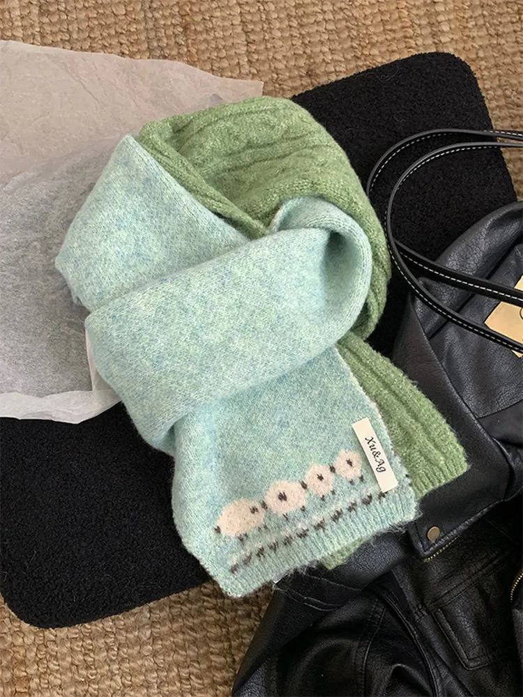 Korean Style Warm Knitted Scarf Double Sided Wearable Cute Sheep Pattern Color Block Scarf for Women Neck Protection Accessory