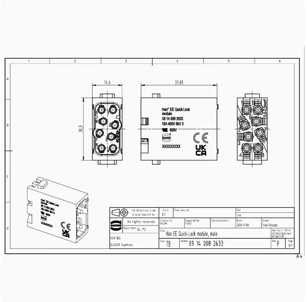 1pcs 09140082633 HARTING HARTING Combined Heavy Duty HanEE 16A 8-Core Male Insert Module