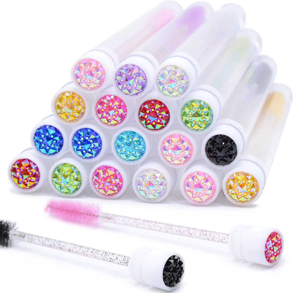 50Pcs Eyelash Brush Tubes With Crystal Lash Mascara Wands Eyebrow Comb Spoolies Container Lash Brush Applicators Makeup Tools