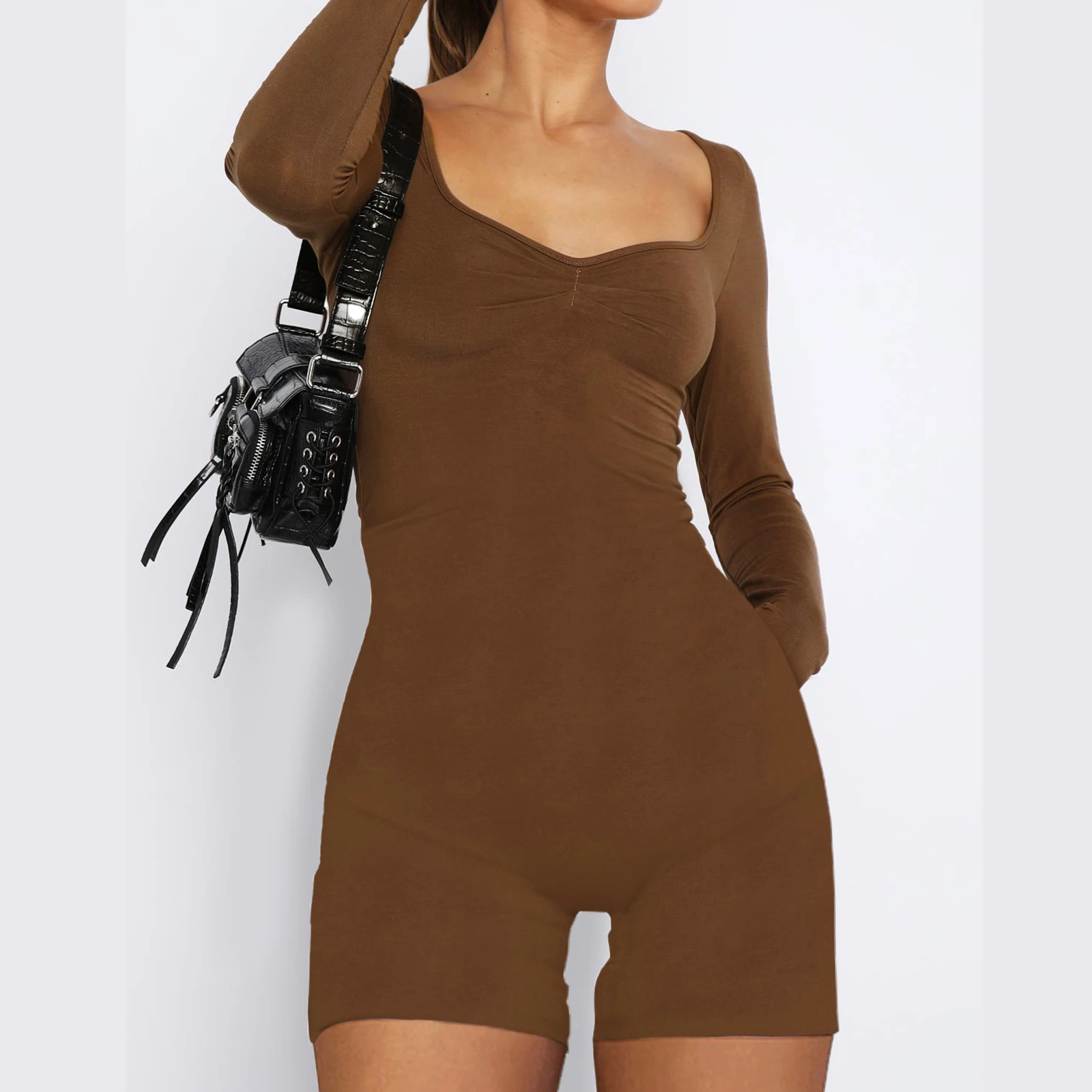 

Women’s Sweetheart Neck Rompers Long Sleeve Ruched Front Solid Color Jumpsuit Shorts Fall Loungewear Bodysuits new