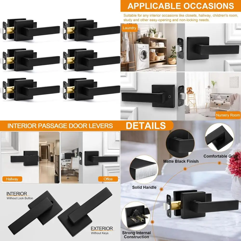 

Матовые черные квадратные дверные ручки без замка, усиленные комплекты для межкомнатных дверей, для дверей в прихожую и гардеробную
