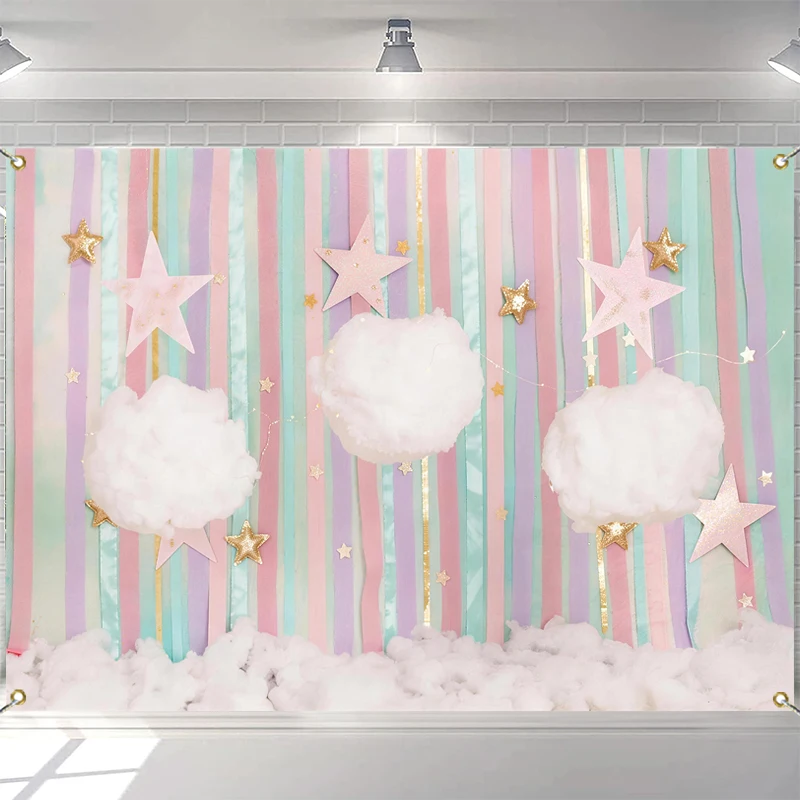 

LS Twinkle Star Moon Backdrops Kids Baby Birthday Cake Smash Photocall Props Child Photo Pink Peach Balloons Backgrounds