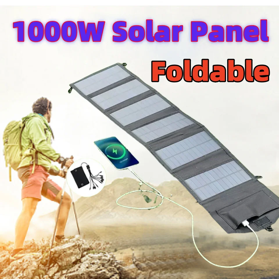 Solar Panel 1000W USB Type-C Mobile Phone Charging Waterproof Outdoor Hiking Camping Portable Battery Bank Charging Panel