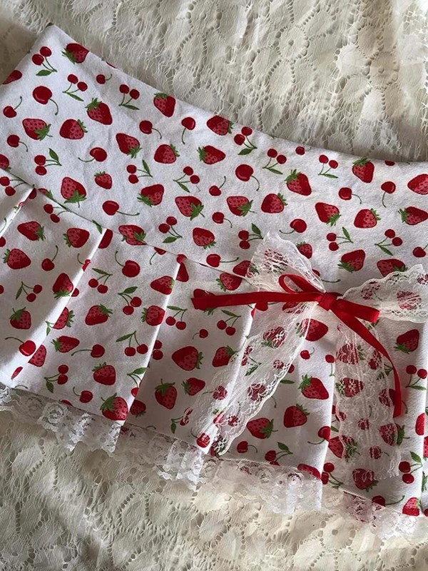 Saia com estampa stbery original para mulheres vintage sle coreano commute mistura de algodão saia evasê comprimento ortopé doce picante...