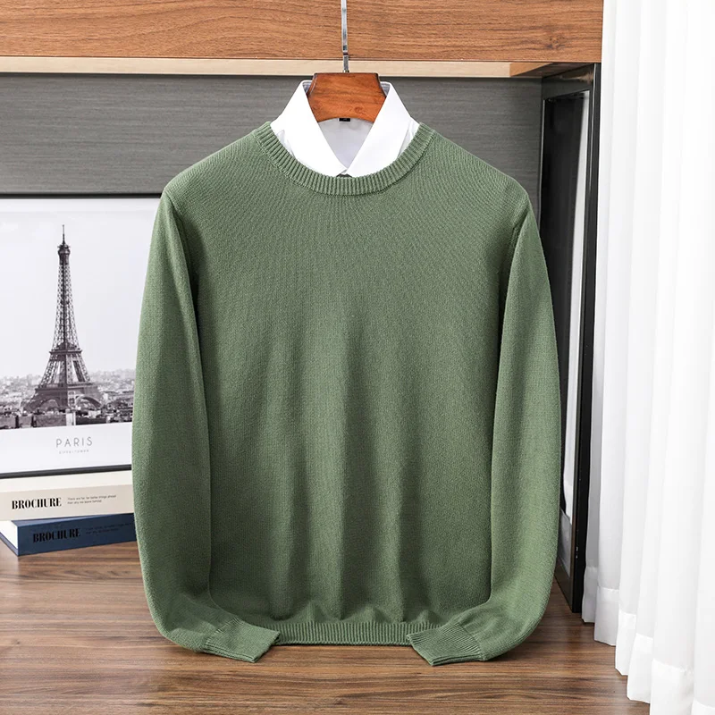 New 100% Pure Cotton Sweater Men\'s Autumn Winter O-Neck Pullover Business Casual Base Shirt Knit High-Grade Warm Male Jumper