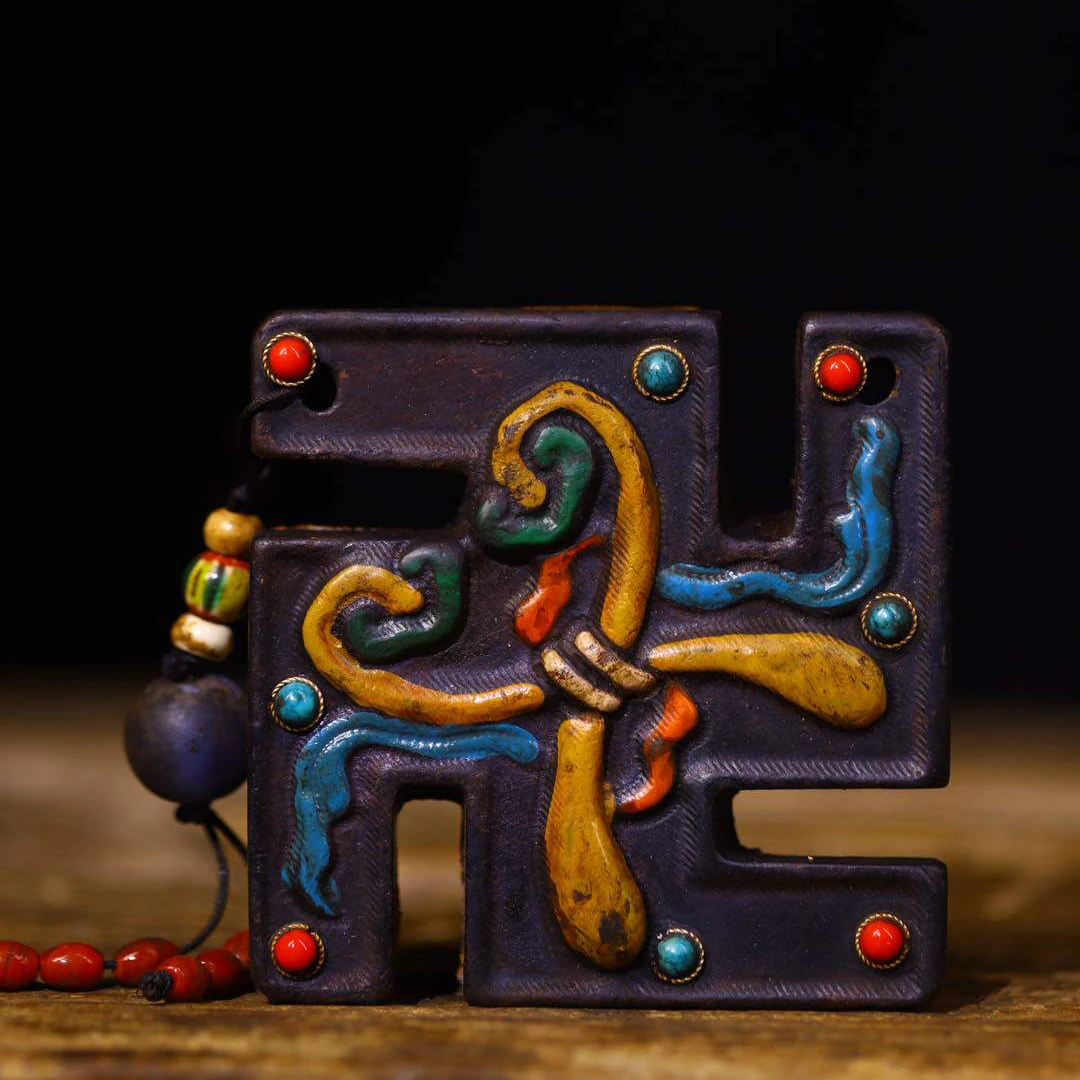 Nepal Handmade Black Iron Swastika Pendant Gem Agate Dzi Bead Tibetan Buddhist Amulet Charm