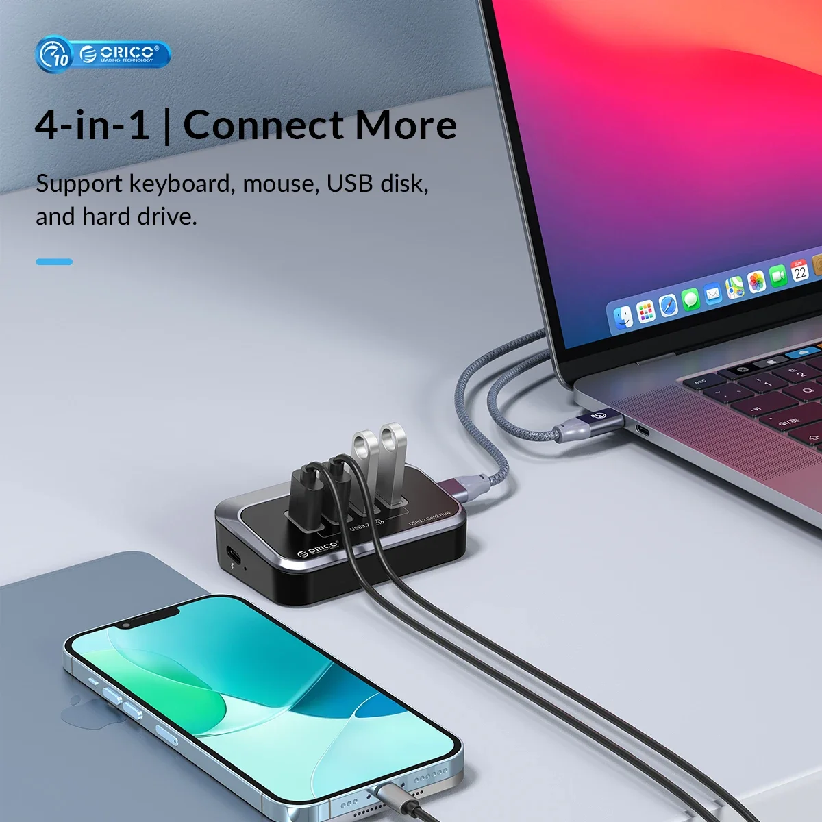 ORICO adaptor OTG Splitter tipe-c, HUB USB 10Gbps USB 3.2 kecepatan super dengan Port catu daya USB C untuk Aksesori komputer MacBook