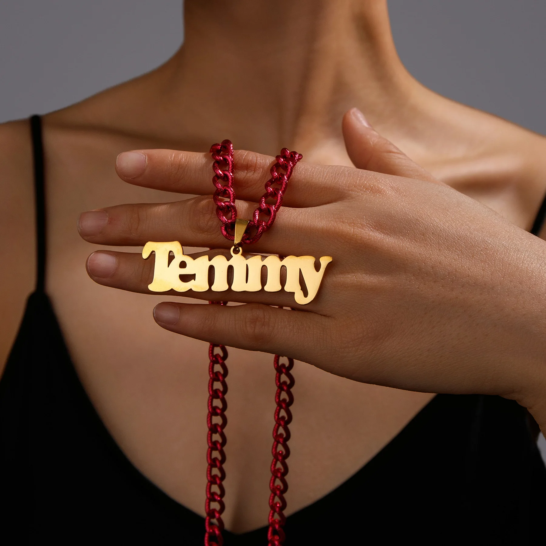 

Custom Pink Color Punk Hiphop Name Chain Necklace Personalized Aluminum Chain Letter Nameplate Stainless Steel Pendents Gifts