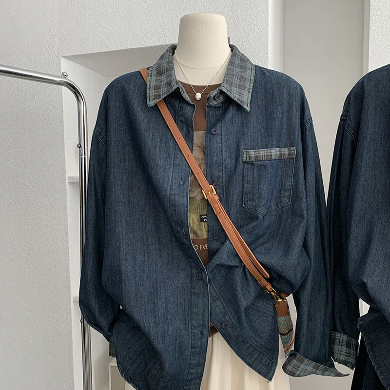 Camisa vaquera con empalme de rejilla para mujer, tops de manga larga holgados y versátiles de longitud media, abrigo informal Vintage a la moda, otoño y primavera