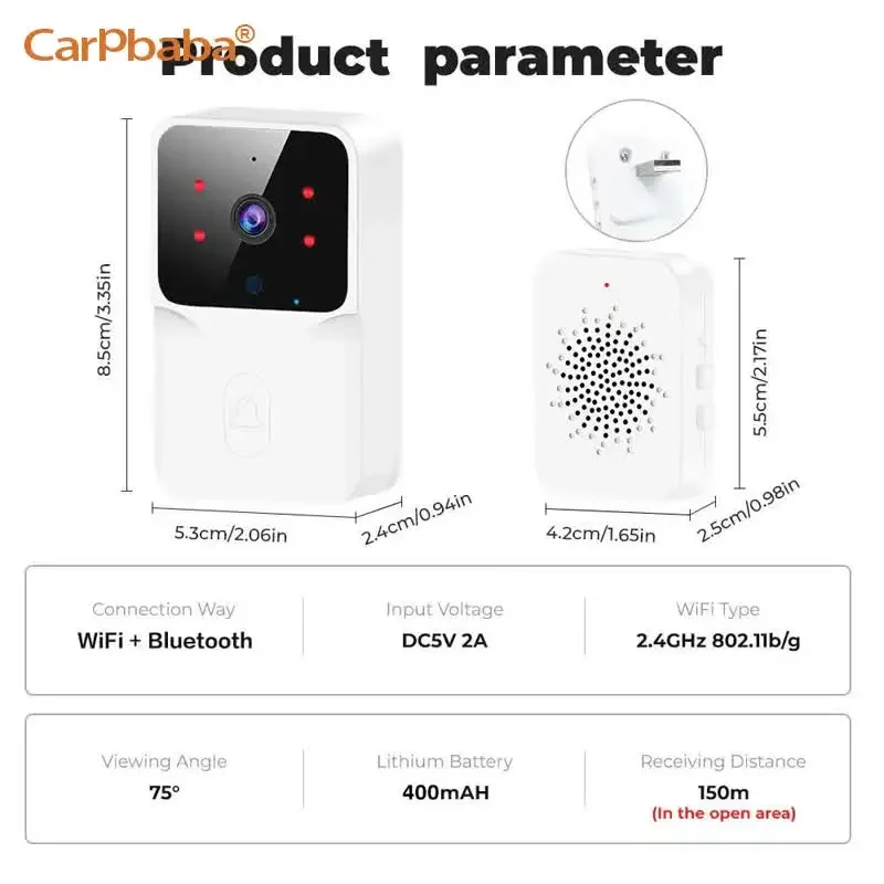 Carpbaba M8 WiFi Video Doorbell Wireless Camera PIR Motion Detection Alarm Security Smart Home Door Bell Intercom for Home