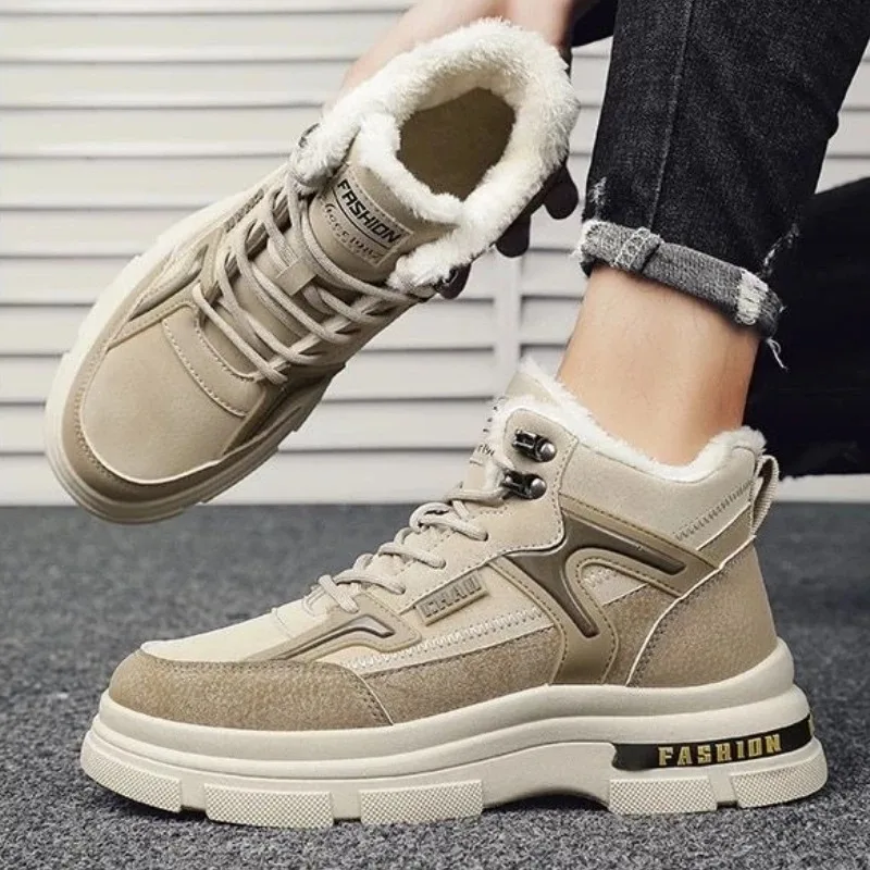

Winter Mens Boots Luxury Leather Casual Ankle Boots Fashion High Top Cotton Boot Thick Plush Warm Snow Boots Winter Men Sneakers