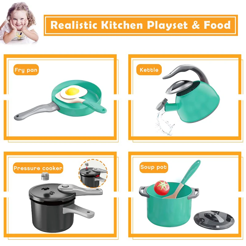 Kids Kitchen Toy Accessories Toddler Pretend Cooking Playset with Play Pots Pans Utensils Cookware Toys Play Food for Children