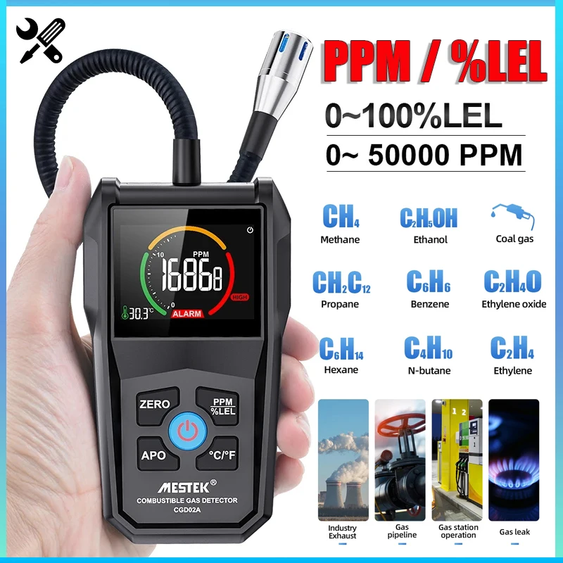 

CGD02A LCD Screen Combustible Gas Detector Gas Analyzer with Sound and Light Alarm 0-50000 PPM 100% LEL Gas Leak Detector