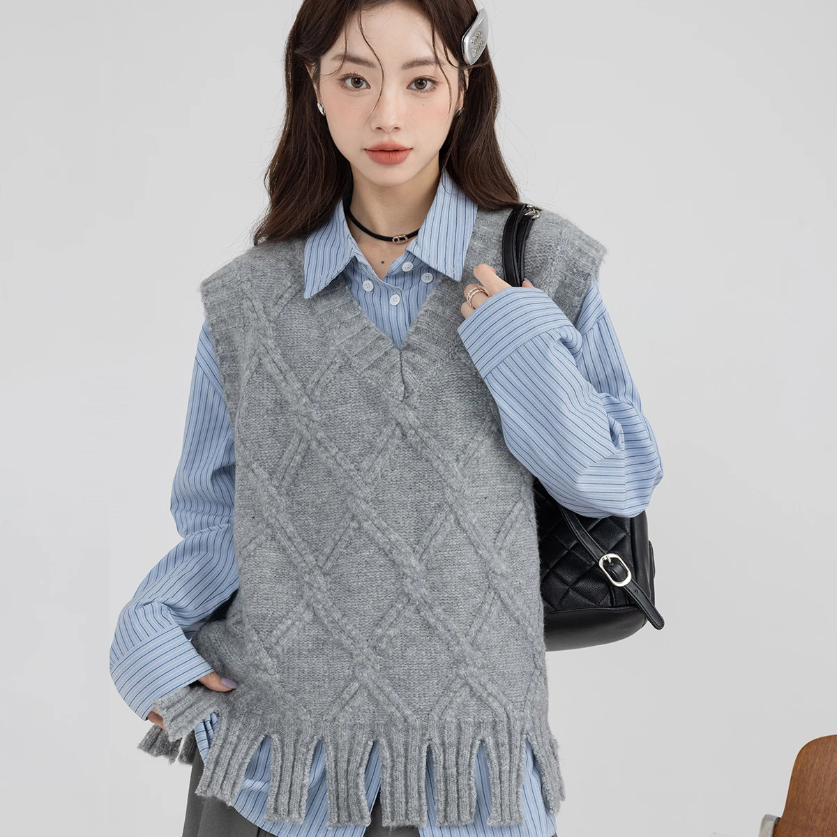 Women Sets Knitted Sweater Vests Blue Shirts Tassel Simple Korean Preppy Style Sweet Girl Argyle Striped All-match Streetwear