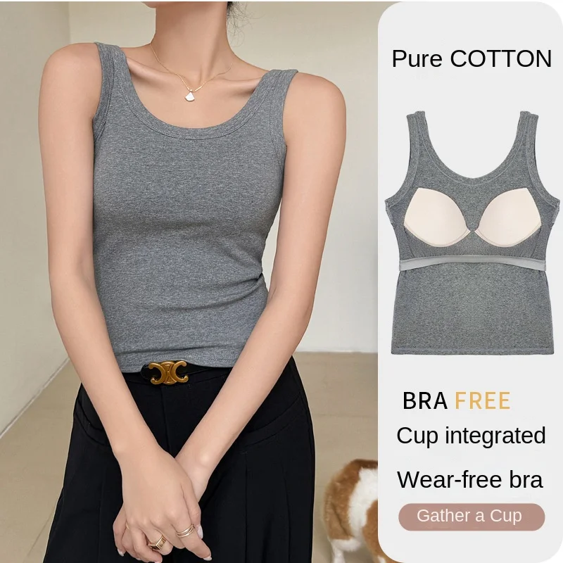 2024 Korean Style Women Sexy Tops Vest Fashion Cotton U-shaped with Chest Pad Sleeveless Outer Wear Basic Camisole Bra Slim