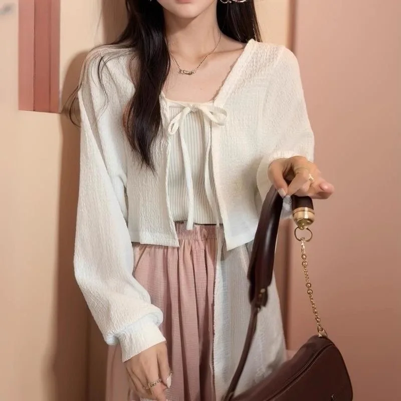 

Korean Style Retro Solid Color Long Sleeve Cardigan For Women