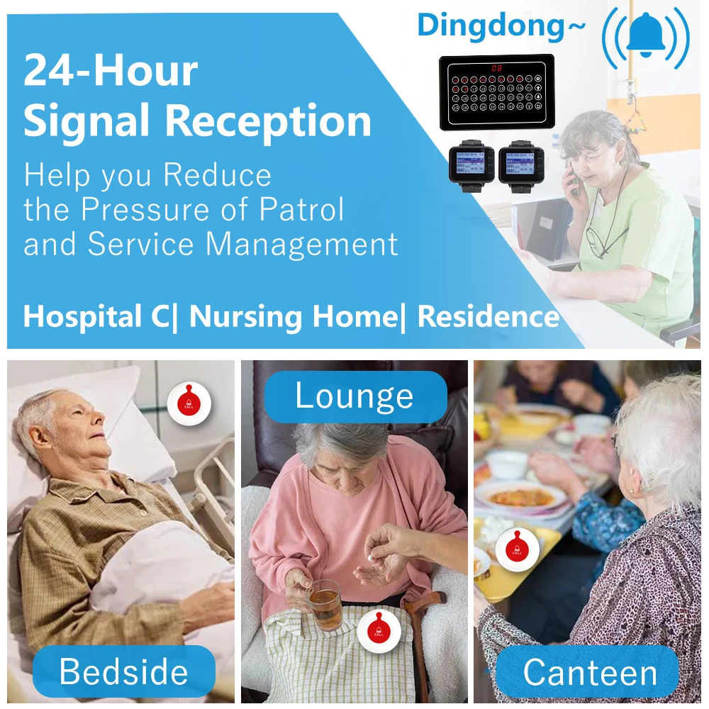 Hospital Wireless Calling System Nurse Call Bell Caregiver Pager for Clinic Nursing Home 1 Receiver 10 Call Button 2 Watch Pager