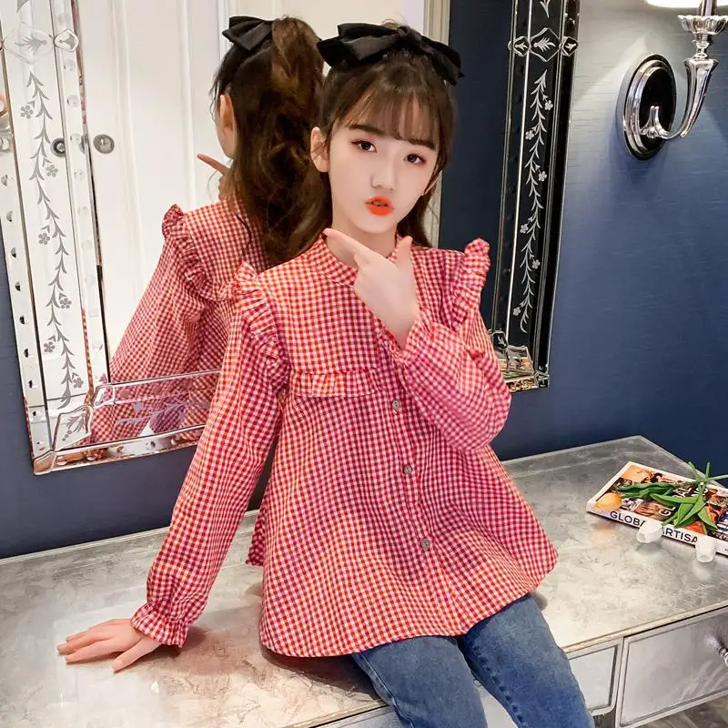 Shirts Kids Clothes Plaid Print 3-9Years Baby Long Sleeve Shirt Spring Autumn Tops Tees Shirts Children Girls Casual Blouse Q539