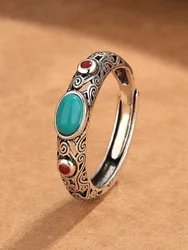 HX Silver Color Handmade Vintage Open Ring Women's Style Ethnic Style Fashionable Versatile Personalized and Trendy Jewelry