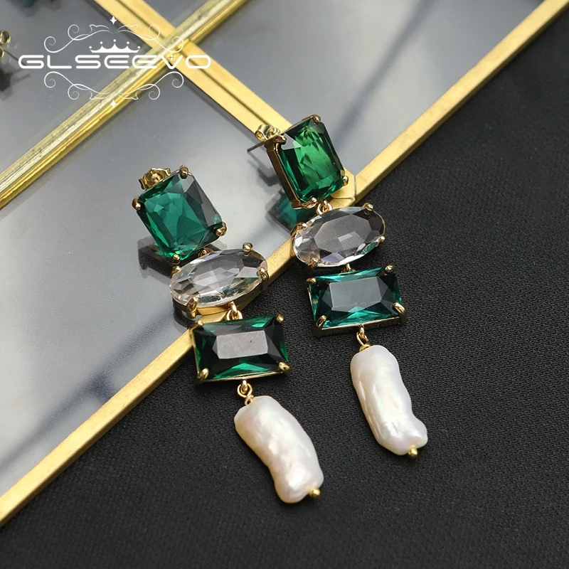 GLSEEVO Shining Emerald Crystal Baroque Pearls Chain Drop Drop Earrings France Fashion Superior Woman Luxury Jewelry Gift GE1196