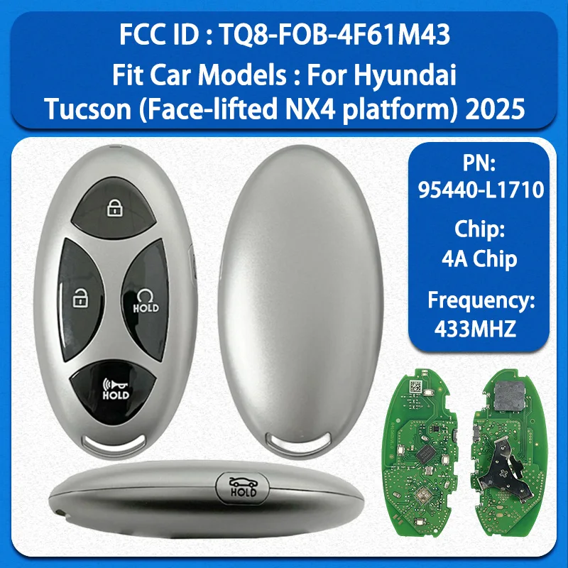 

CN020342 Aftermarket 5 Buttons Smart Remote Key PN 95440-L1710 FCC TQ8-FOB-4F61M43 4A Chip 434MHz For Hyundai Tucson 2025