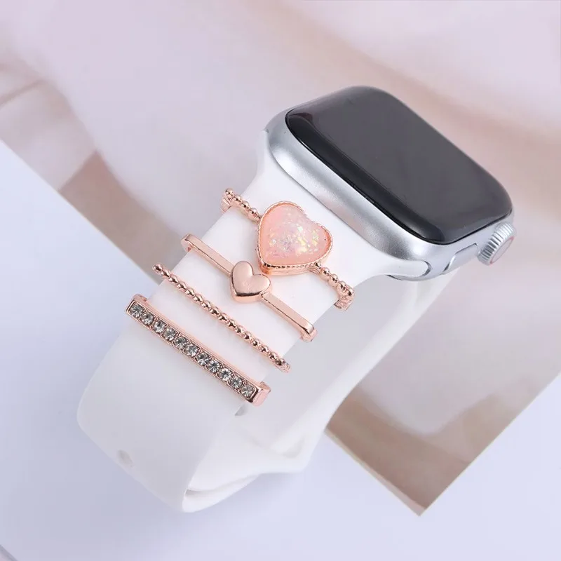 Heart Shape Watch Band Charms Decorative Rhinestone Metal Ornament For Apple Watch Silicone Strap Bling Jewelry Accessories