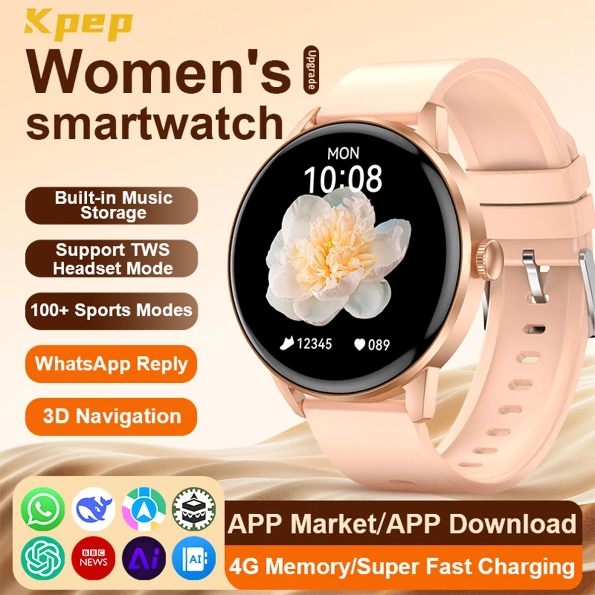 

KPEP HX36 Женские Смарт-часы 1,43 дюйма AMOLED 4 ГБ Памяти с музыкальным видео TWS Наушники Bluetooth Вызов 100+ Спортивные режимы Smartwatch