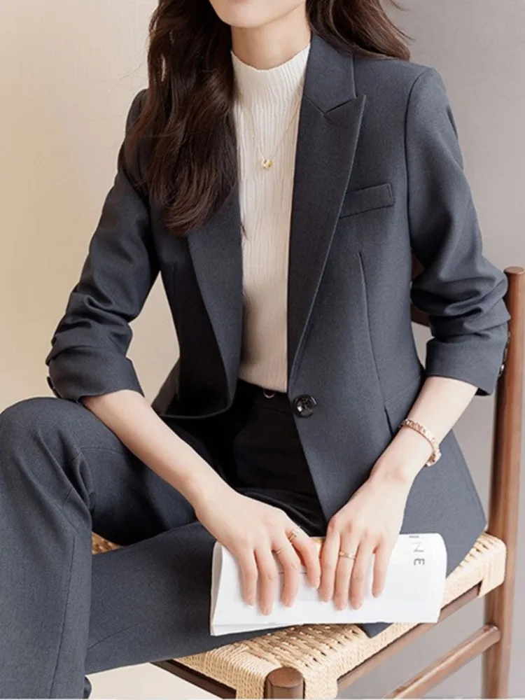 Women Vintage Formal Business Solid Trousers Suit Casual Elegant Slim Blazer Jackets and Pants Two Pieces Set Female Pantsuits