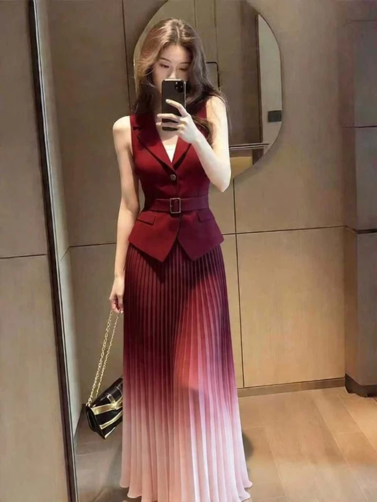 High End Office Lady Women 2 Piece Sets Simple Turn Down V Neck Slim Waist With Belt Vest Coat Pleated Gradient Long Skirts