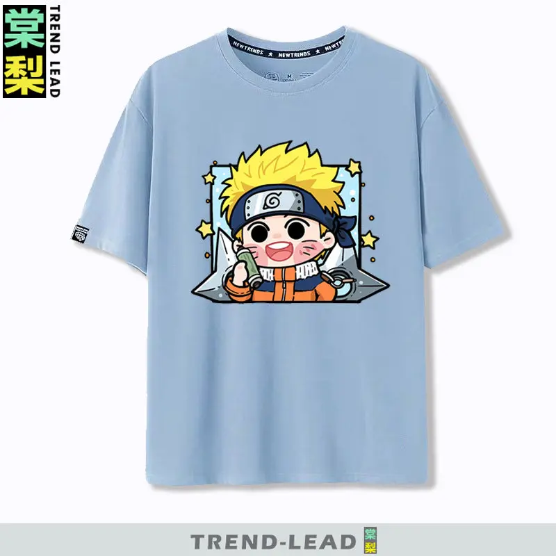 Blue Anime Children's T-shirt Naruto Q Version Vortex Naruto with Tuyu Zhibo Sasuke Pure Cotton Printed Parent-child T-shirt