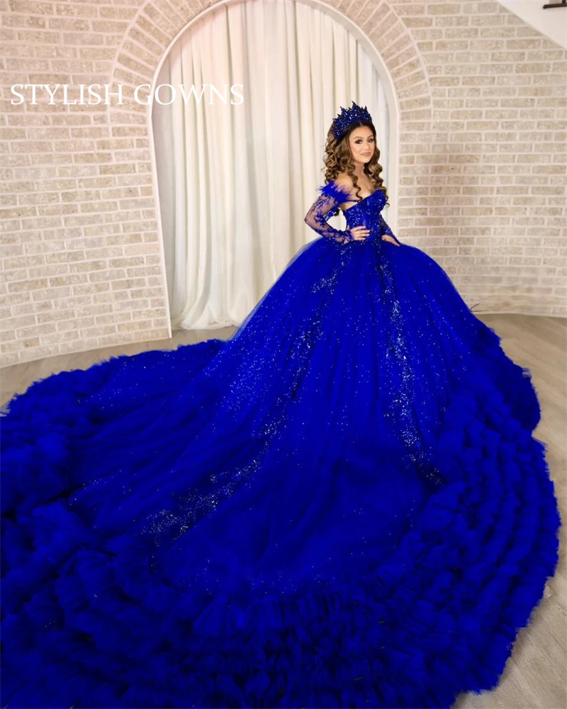 

Royal Blue Off Shoulder Ball Gown Quinceanera Dresses Beaded 2024 Birthday Luxury Dress Tiered Ruffles Feather Graduation Gowns