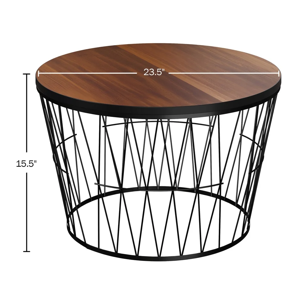 Modern Round Coffee Table MDF Wood Top with Geometric Metal Base Compact Accent Table Small Spaces Living Room Office