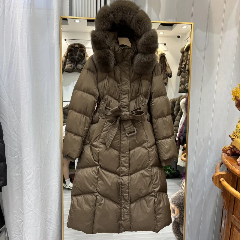 Real Natural Fox Fur Hooded Detachable Collar Belt White Duck Down Coat Winter Down Jacket Women Long Casual Elegant Overwears