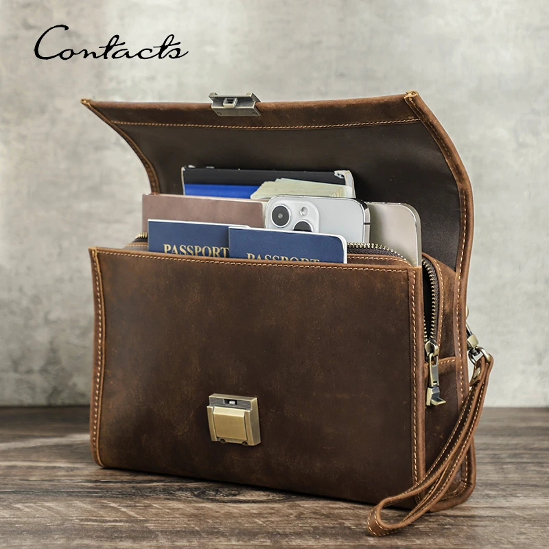 CONTACT'S Genuine Leather Clutch Bags Men Password Retro Wrist Strap Handbag iPad Travel Business Fitness Clutch Wallet