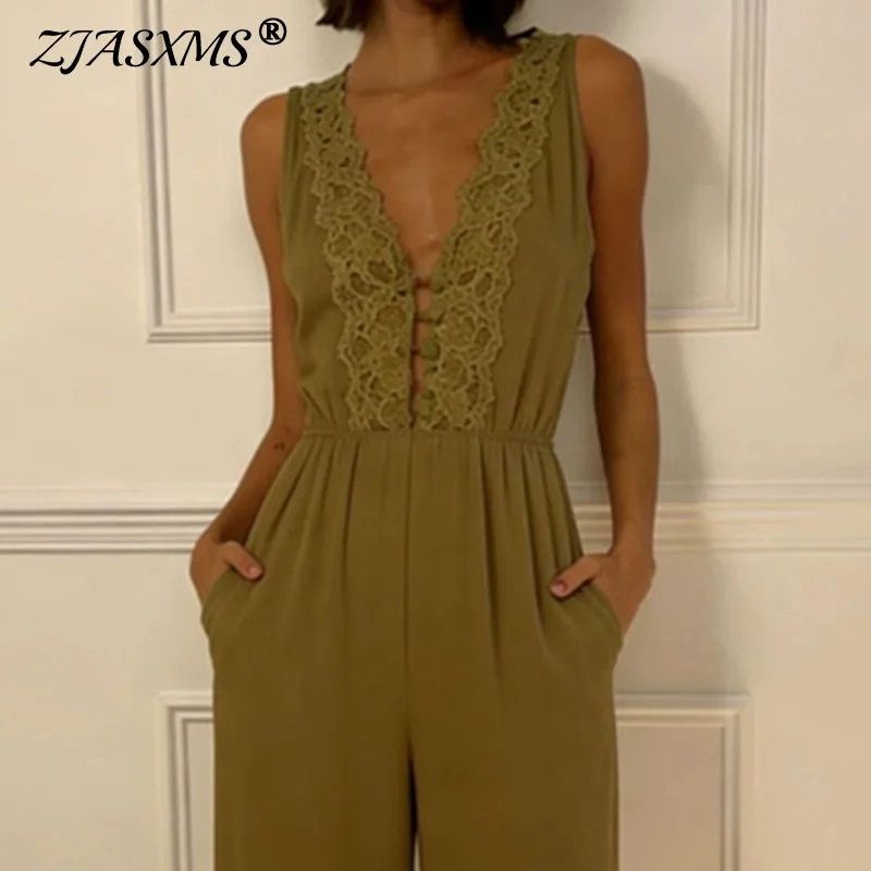 

Lace Solid Sleeveless Jumpsuit Women V Neck High Waist Wide Leg Pants Romper Elegant Casual Holiday One-Piece Outfit With Pocket