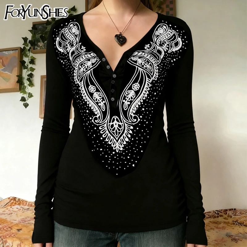 

Sexy V Neck Long Sleeve Slim Fit T-shirt Women Floral Print Casual Tee Shirt 2025 Fall Harajuku Elegant Y2K Clothes