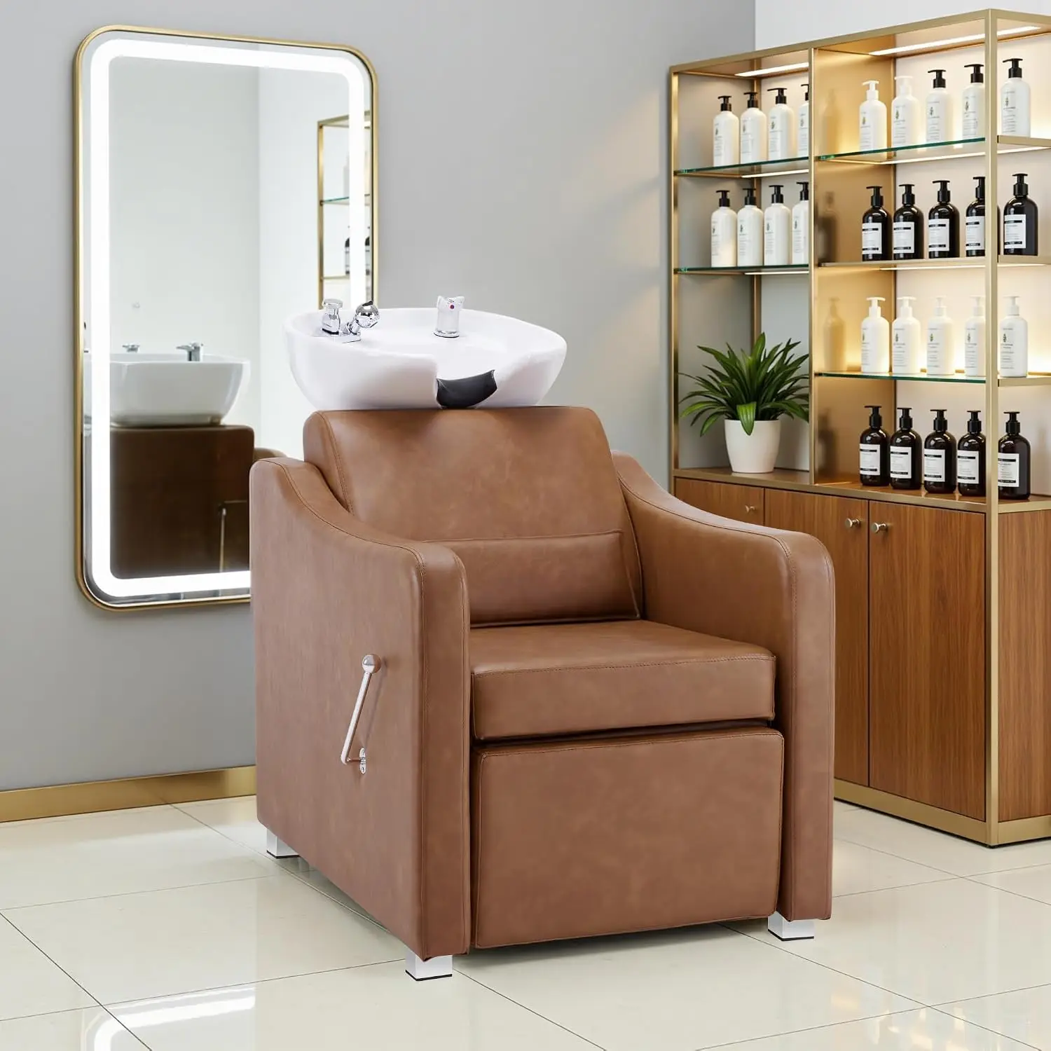 Ceramic Bowl, PVC Leather, UPC Vacuum Breaker, Adjustable Leg Rest, Wall/Floor Drainage, For Salon & Barber Shop