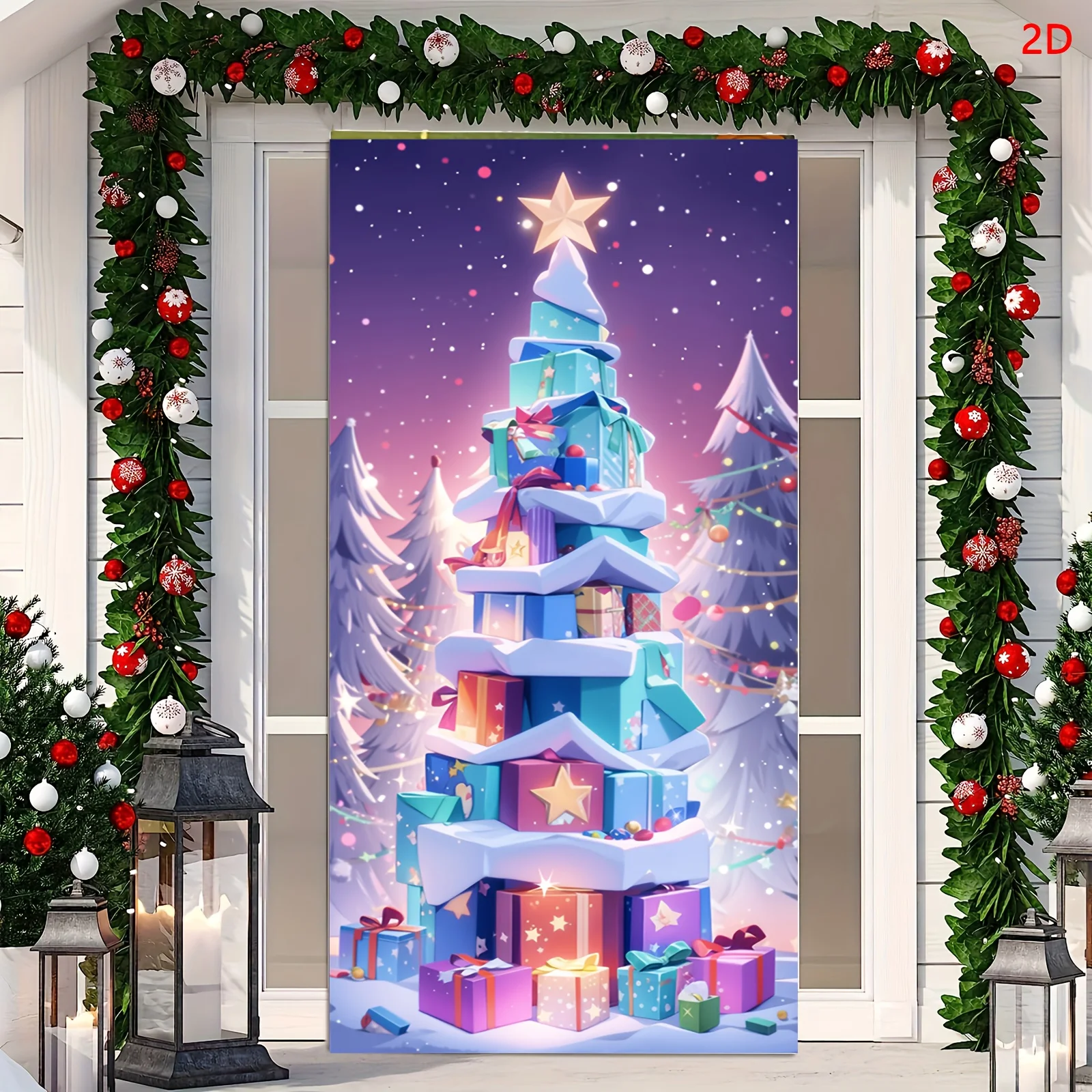 علم باب ثنائي الأبعاد، 1 غطاء باب شجرة عيد الميلاد احتفالي، سهل التركيب والإزالة، مقاوم للبقع، مناسب لتزيين الحفلات