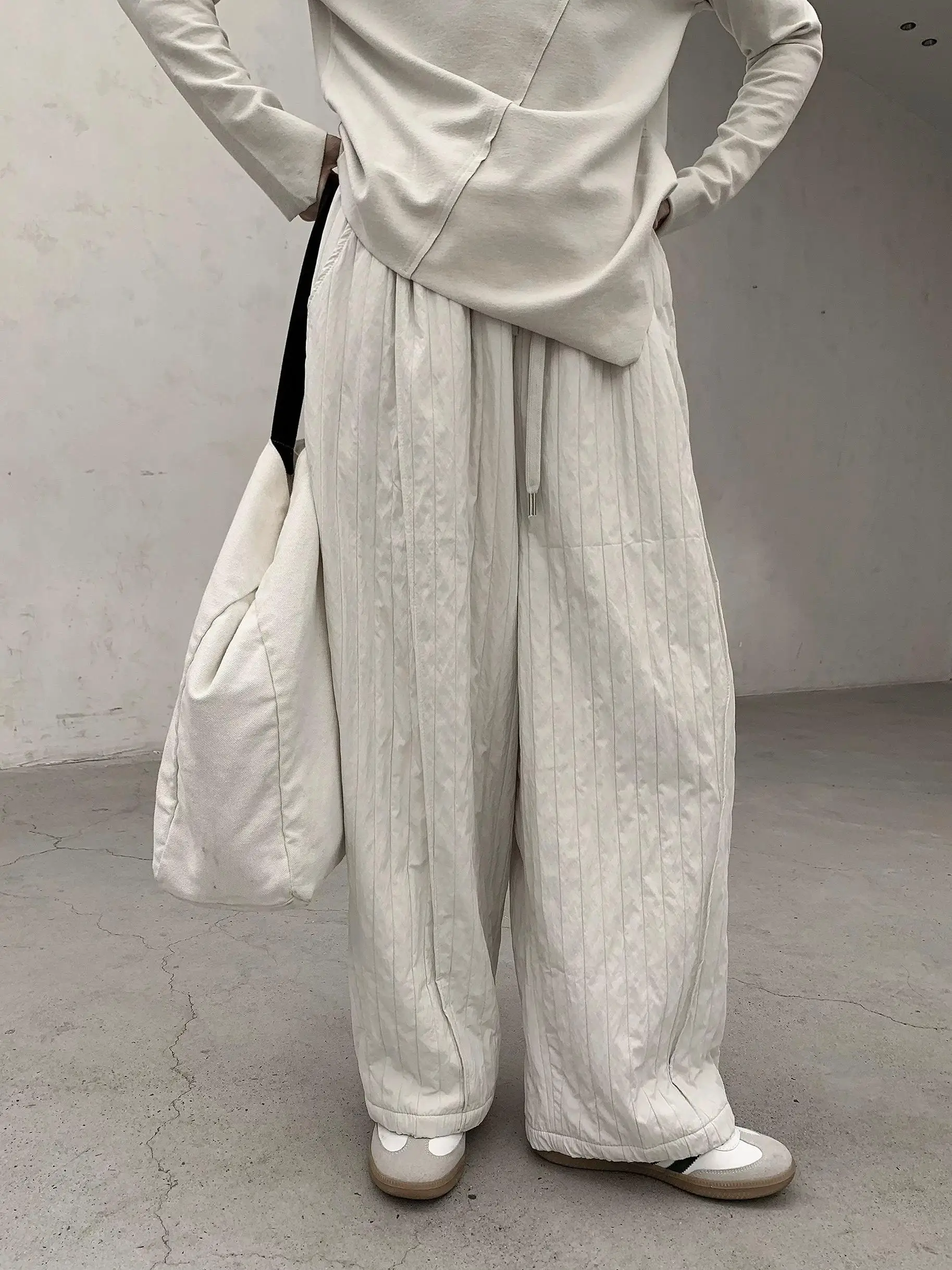 Japanese Style High Waist Fleece Lined Wide Leg Casual Pants Women Winter Outerwear Vertical Stripe Thickened Embossed Harlan...