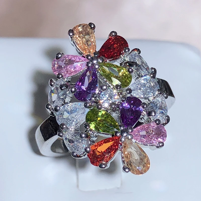 Shiny Flower Shaped Inlaid White Crystal Zirconium Silver Color Ring for Women Wedding Party Jewelry Accessories