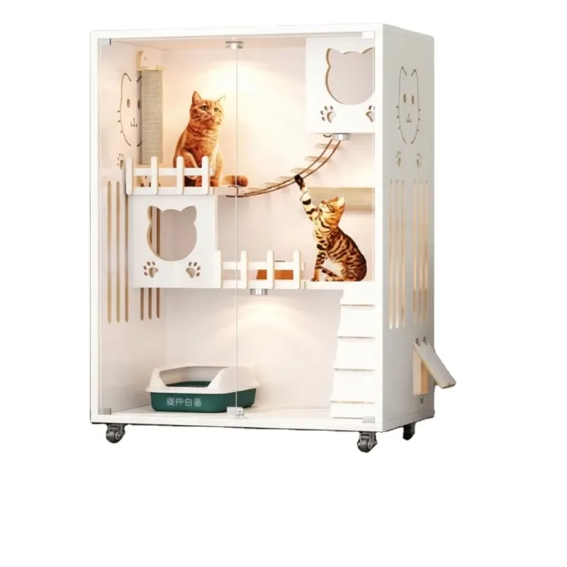 Large Multi Level Rectangular Solid Wood Cat House Luxury Indoor Pet Cat Villa Enclosure