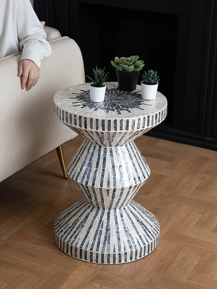 furniture Modern Hourglass‑Shape Pedestal Side Table Hand‑Made shell Round coffee tables Decorative Living Room Hotel Villa