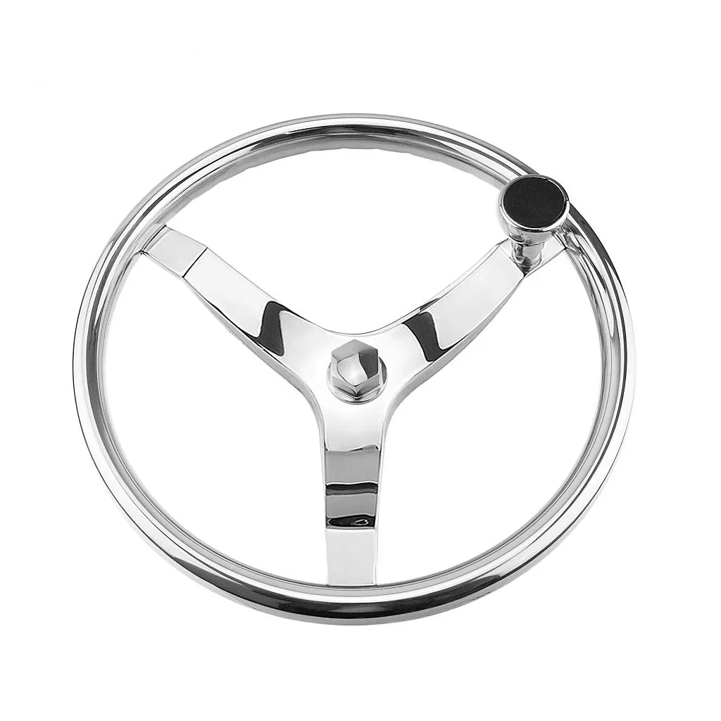 Stainless Steel Boat Steering Wheel, 3 Spoke 13-1/2' Dia with Spinner Knob, with 5/8' -18 Nut for Seastar and Verado