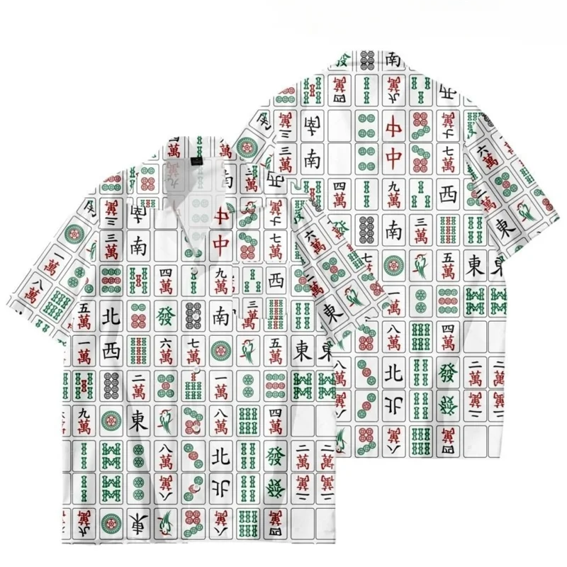 Hip Hop Mahjong Graphic Blouses Red Mah-jongg 3D Printe Shirts For Men Clothes Casual Short Sleeve Streetwear Male Boy Lapel Top image 4
