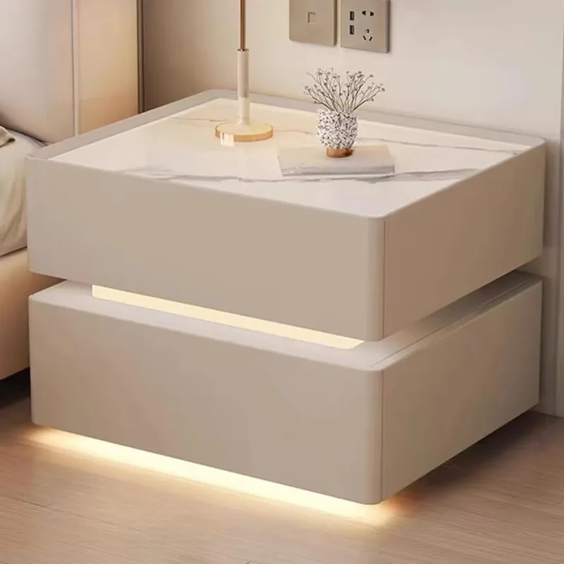 

Modern Sintered Stone Top Bedside Table Nightstand With Wood Drawer Storage And Lighting Side End Table For Bedroom
