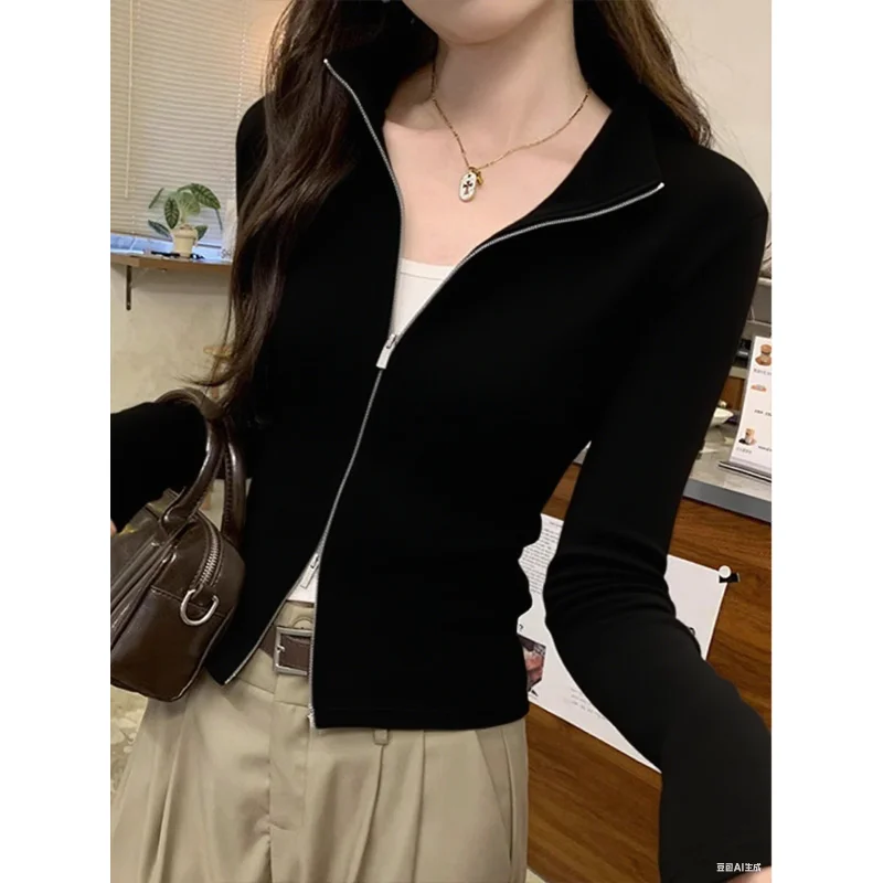 

Вязаный кардиган с воротником-стойкой и двойной молнией для женщин, осенний нишевый облегающий и уникальный топ с длинными рукавами в стиле ретро